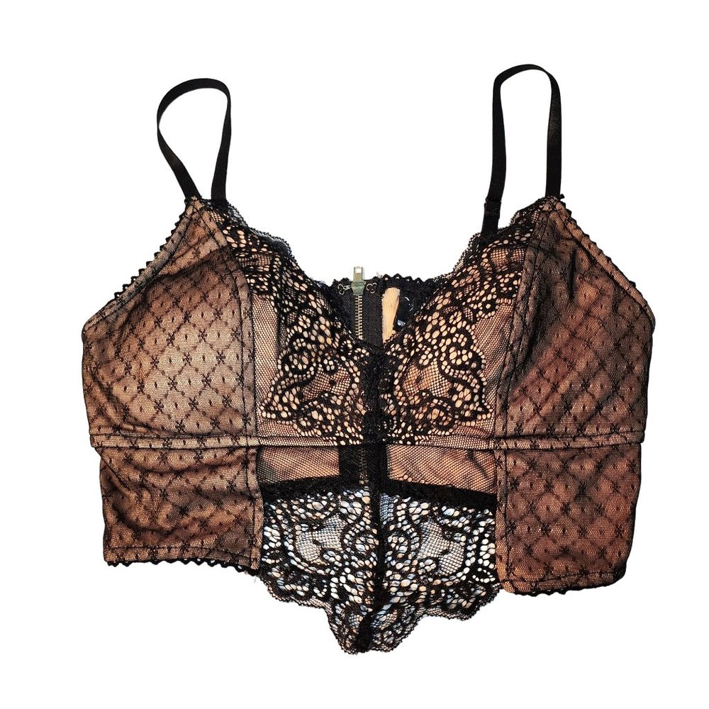 Windsor Black Lace Padded Bralette Zip Up Back Size Small